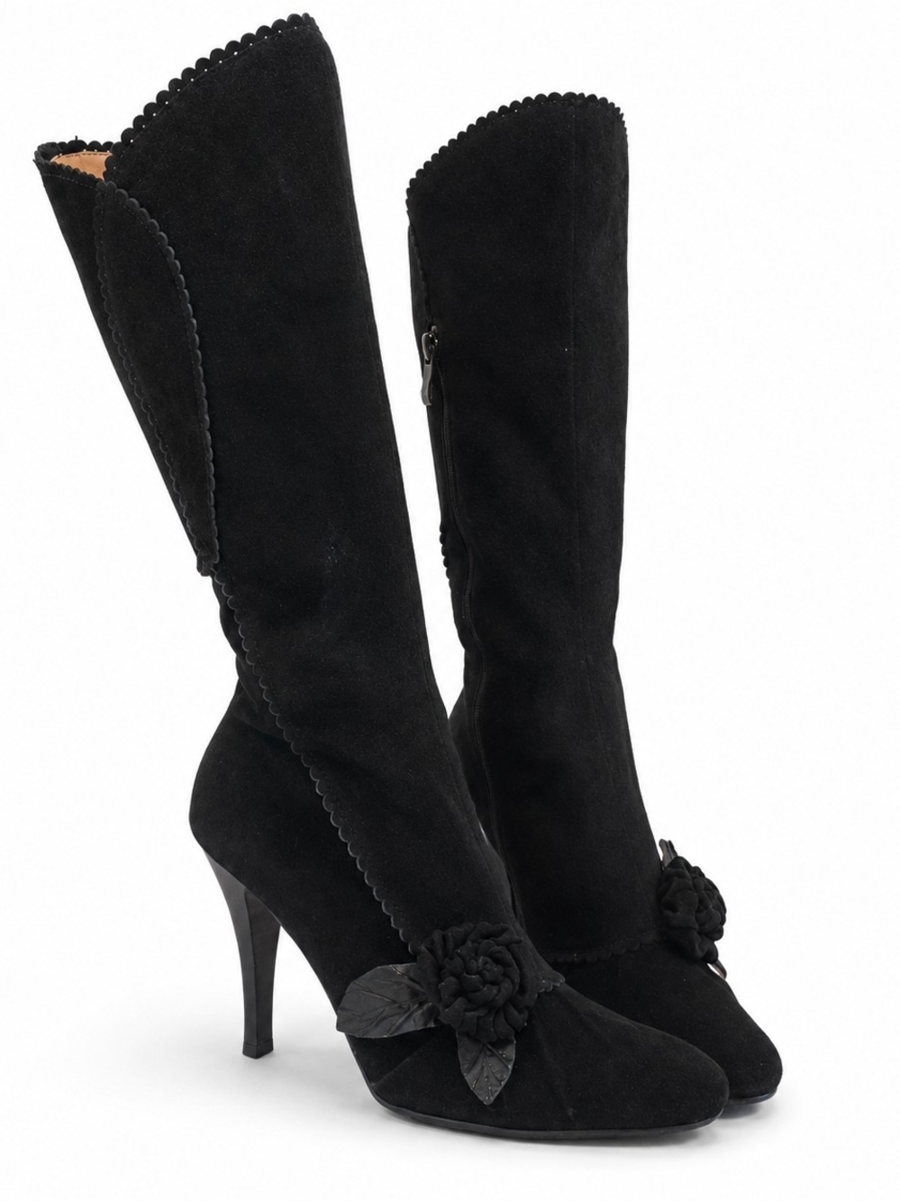Victorian suede knee high boots with 3d Flower Design. - Women's Size 7.